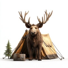 A realistic moose stands in front of a camping tent with a small tree and a bag nearby, set against a white background.