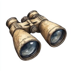 Vintage binoculars with a weathered, textured finish and large lenses, drawn in a detailed, hand-sketched style on a white background.