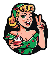 Cheerful Cartoon Woman Holding a Cupcake with a Cherry on Top