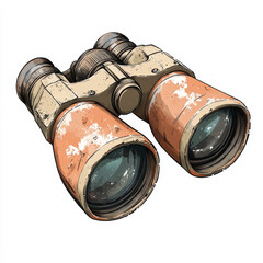 A detailed illustration of vintage binoculars with a weathered, rustic look and large lenses, used for distant viewing.