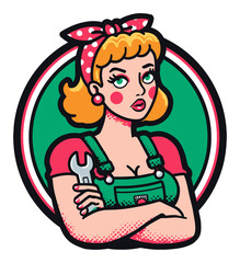 Confident Retro Woman with Wrench and Overalls in Vibrant Cartoon Style