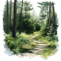 A peaceful forest path winds through tall pine trees and lush greenery, evoking a serene and natural woodland atmosphere.