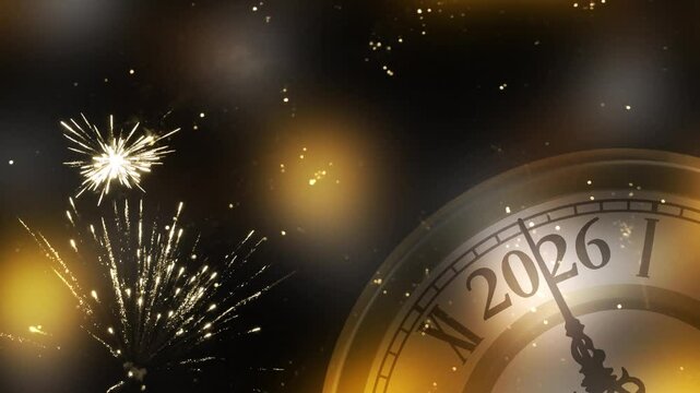 old countdown clock for happy new year 2026 with exploding firework on night sky, new years eve party greeting card
