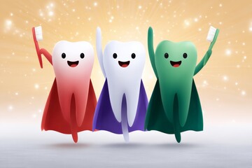 Obraz premium Cheerful tooth characters with superhero capes holding toothbrushes