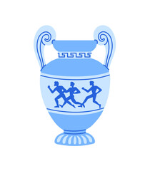 Ancient Greece amphora icon. Antique Greek vase, clay vessel for wine. Old Roman pot, ceramic urn, pottery jug with pattern of people figures. Flat isolated vector illustration on white background