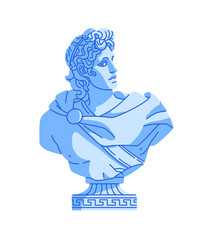Antique Greece statue of Apollo. Ancient marble bust of Greek God. Old portrait sculpture, figurine of man. Roman mythology and culture. Flat isolated vector illustration on white background