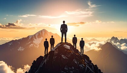 Business team atop mountain at sunrise