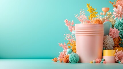 A pastel hued paint bucket is the focal point of this still life composition surrounded by a harmonious arrangement of vibrant flowers and greenery against a minimal background