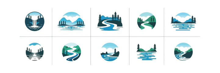 Nature Landscapes Isolated in Circle, River Mountain Trees Icon Collection Set