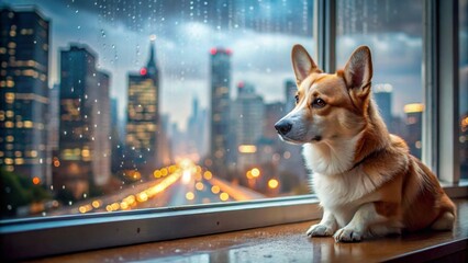 A furry friend gazes out a rain-streaked window at a captivating cityscape, illuminated by the soft glow of distant lights, a heartwarming scene of urban tranquility.