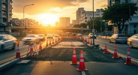Obraz premium Cars driving along a bustling city street during sunset, weaving around traffic cones and navigating a construction zone in the middle of the road, create a scene of urban life in motion