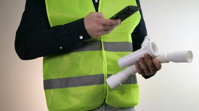 The builder uses modern IT technologies for his work - he takes a photo of a white plastic pipe to find an analogue or send it to the supplier, the purchasing department. Plumbing work.