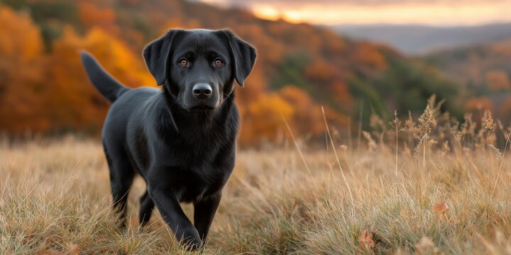 Black labrador in autumn field with colorful trees and sunset view