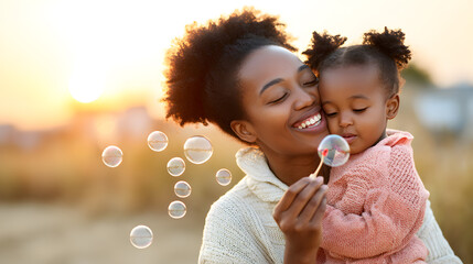A loving mother and baby daughter, blowing bubbles in the sun light