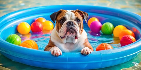 A cheerful bulldog enjoys a refreshing dip in a vibrant blue inflatable pool filled with colorful play balls on a sunny day.