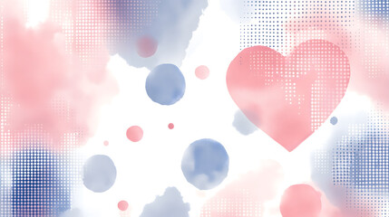 beautiful abstract watercolor artwork shadesf blue and pink featuring heart shape symbolizing love accented circular polka dot patterns.