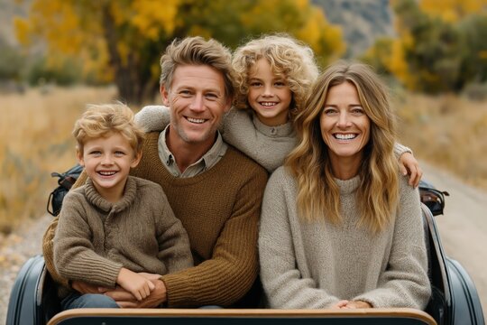Happy caucasian family outdoors in autumn with two young children smiling