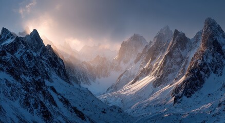 Obraz premium Snowy Mountains under Sun Panorama view for backgrounds, wallpapers, or promotions