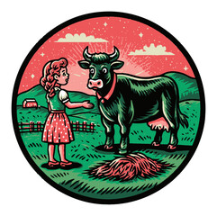 Cheerful Girl with Black and White Cow in Vintage Cartoon Style Landscape