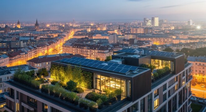 Stunning rooftop garden with lush greenery and solar panels sits atop a modern building, overlooking the illuminated cityscape at dusk, showcasing sustainable urban living