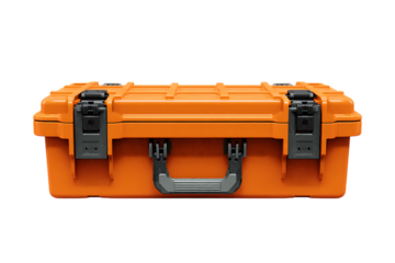 Orange plastic storage case with latches and handle