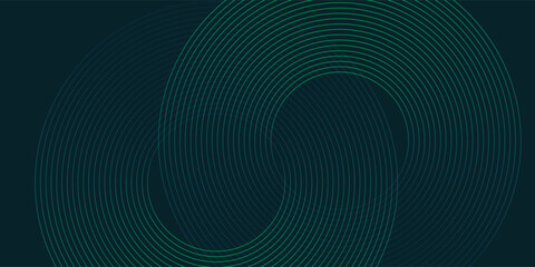 Abstract futuristic background with intertwined circular lines forming a yin-yang style pattern. Elegant dark teal gradient with fine green stroke detail