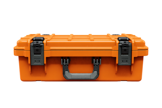 Orange plastic storage case with latches and handle