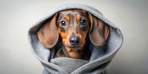 A charming miniature dachshund puppy, nestled comfortably within a soft grey hooded sweatshirt, gazes intently at the camera, exhibiting a captivating expression of gentle curiosity and warmth.