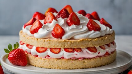 Layered strawberry cake with whipped cream and fresh berries