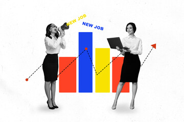 Poster sketch image artwork 3D collage of two young lady stand work laptop proclaim megaphone hr...