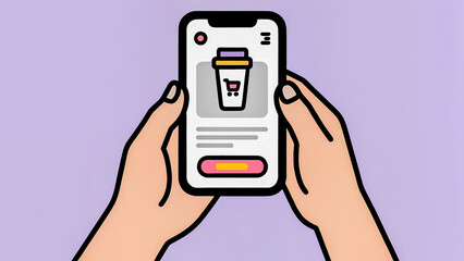 An illustration showing two hands holding a modern smartphone. The phone screen displays an online ordering app, with a large image of a glass of drink (likely coffee or another takeaway beverage) wit