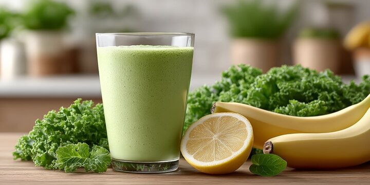 Refreshing green smoothie with kale, banana, and lemon on wooden table - Powered by Adobe