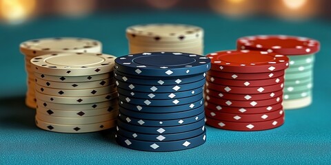 Fototapeta na wymiar Close-up of a Colorful Array of Stacked Poker Chips in a Casino Setting with Dramatic Lighting