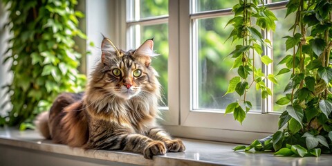 A longhaired feline companion rests peacefully on a sunlit windowsill, flanked by vibrant green foliage, enjoying a tranquil moment of domestic bliss.