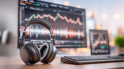 Modern workspace: Capturing the essence of modern audio and data analysis. The focus is on the headphones, symbol of immersion and clear communication, alongside the cutting-edge tech
