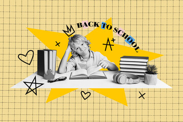 Composite 3d magazine picture sketch collage image of minded schoolboy sit workplace desk read...