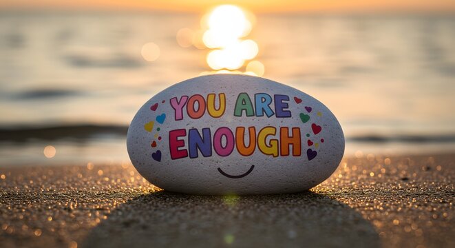 Inspirational message you are enough painted on a stone at the beach during sunset