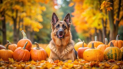 A loyal canine companion rests amidst a vibrant autumn harvest, surrounded by colorful gourds and fallen leaves.