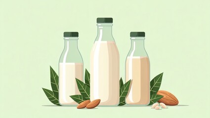 Three Glass Bottles of Almond Milk and Fresh Almonds