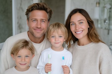 Smiling caucasian family with children holding toothbrushes in bathroom