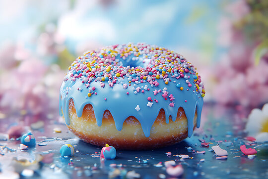 Colorful donut with blue icing and sprinkles surrounded by a soft, dreamy background