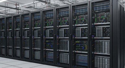 Modern data center with rows of network servers processing and storing digital information, ensuring efficient data management and connectivity