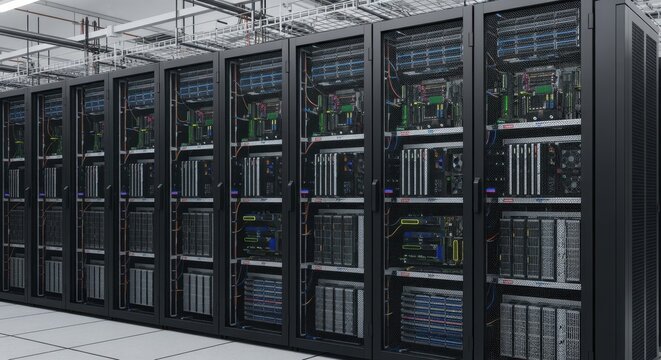Modern data center with rows of network servers processing and storing digital information, ensuring efficient data management and connectivity