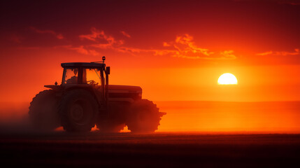 Obraz premium Attractor silhouette against a burning sunset sky