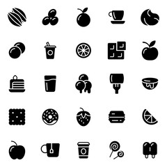 Collection of Basic Sweet Dessert Related Vector Solid Icons. Contains Icons like Biscuit, Cake, Candy, Cocoa and more. Editable stroke. 48x48 pixels
