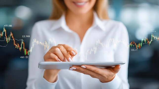 The Analyst's Insight: A business professional delicately manipulates a digital tablet, superimposed with stock market charts, implying financial analysis and data-driven decision making. 