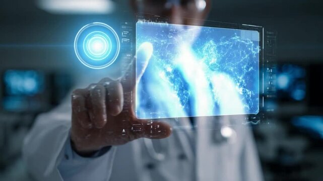 Digital Healthcare: A doctor in a white coat interacting with a futuristic, glowing digital display, representing cutting-edge medical technology.