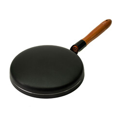 High resolution image of a non-stick frying pan with a wooden handle, shot in a studio setup on a...