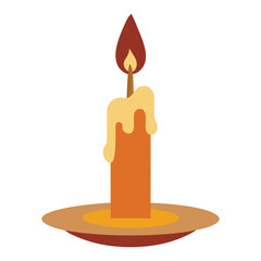 Single tall candle with dripping wax on a plate depicted as a clean vector graphic with a minimalist aesthetic