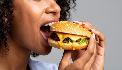biting into a juicy burger, with melted cheese and sauce dripping for a mouthwatering effect. Ideal for fast food, indulgence, or modern dining imagery.